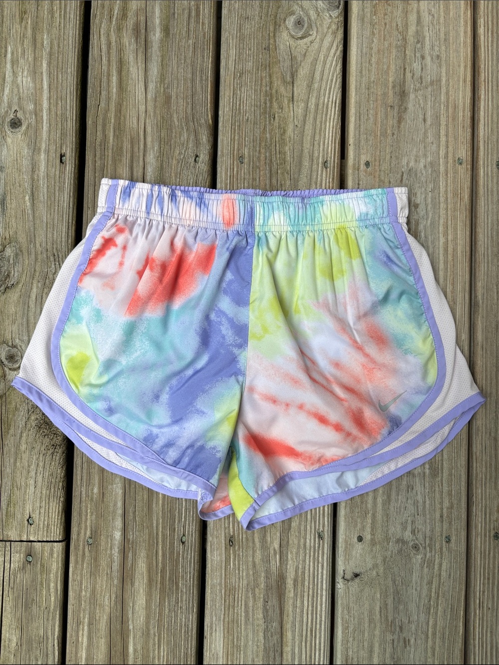 Nike Dri-FIT Pastel Tie Dye Athletic Shorts Lavender Trim Mesh Panels Size S